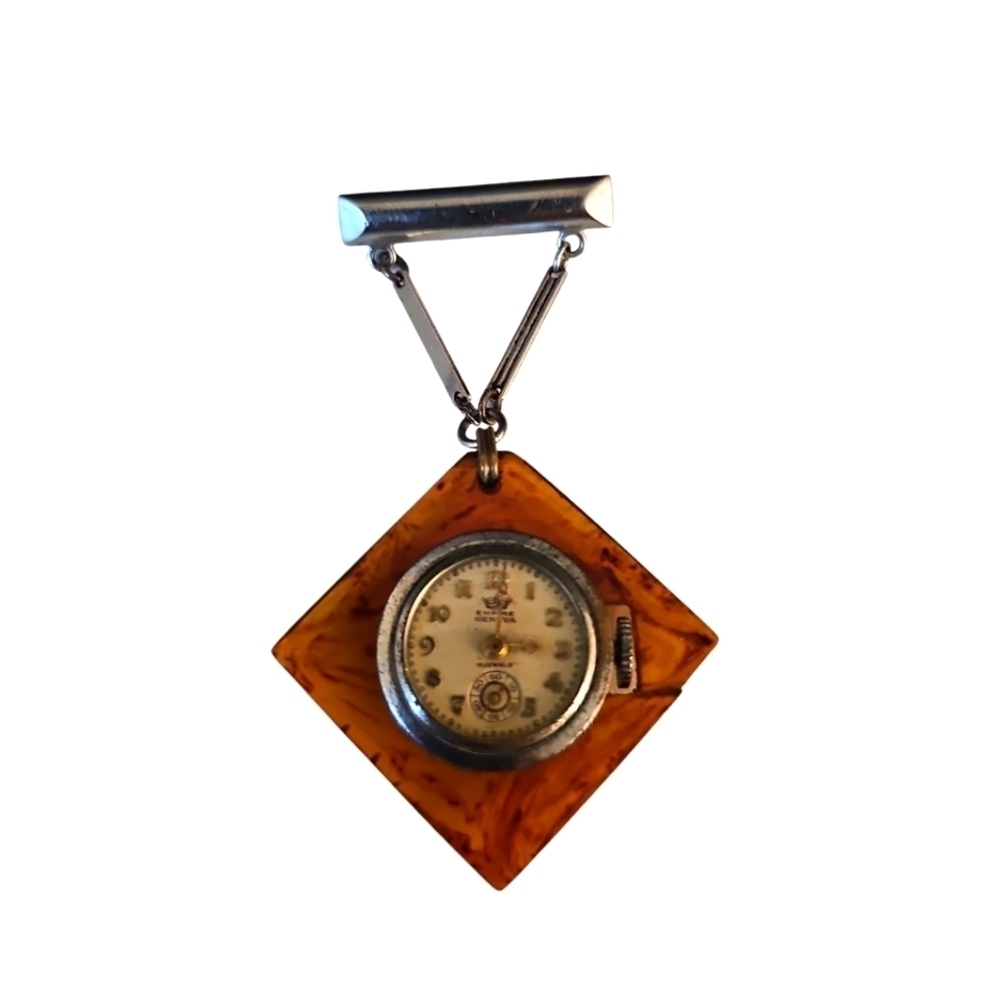 Vintage Square Amber Brooch with Hanging Geneva Watch